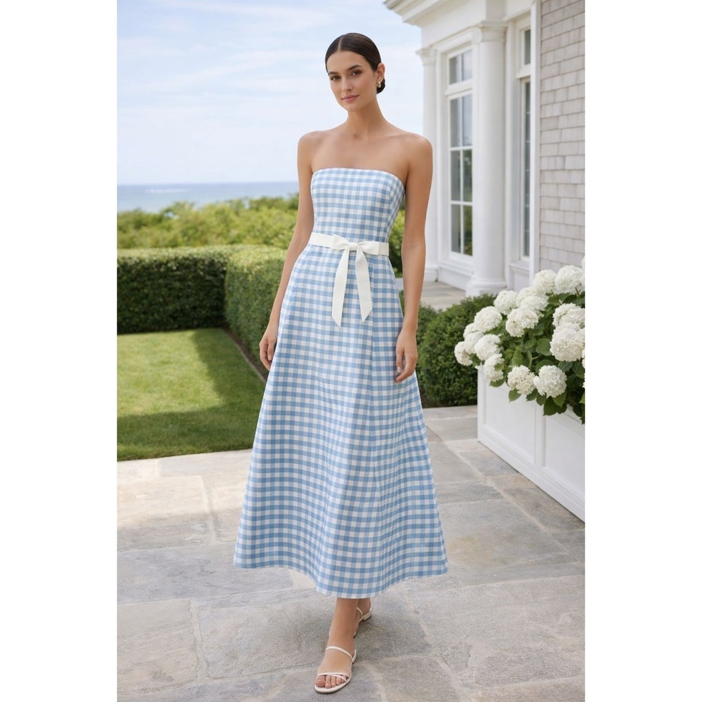 Ralph Lauren 100% Silk Blue Gingham Strapless Maxi Dress Sz 10 Quiet Luxury - Picture 3 of 11